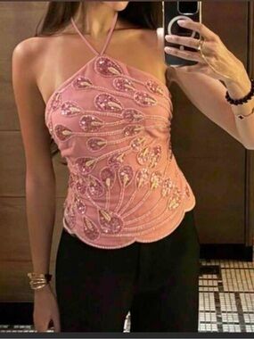Pink Embellished Halter Women's Top